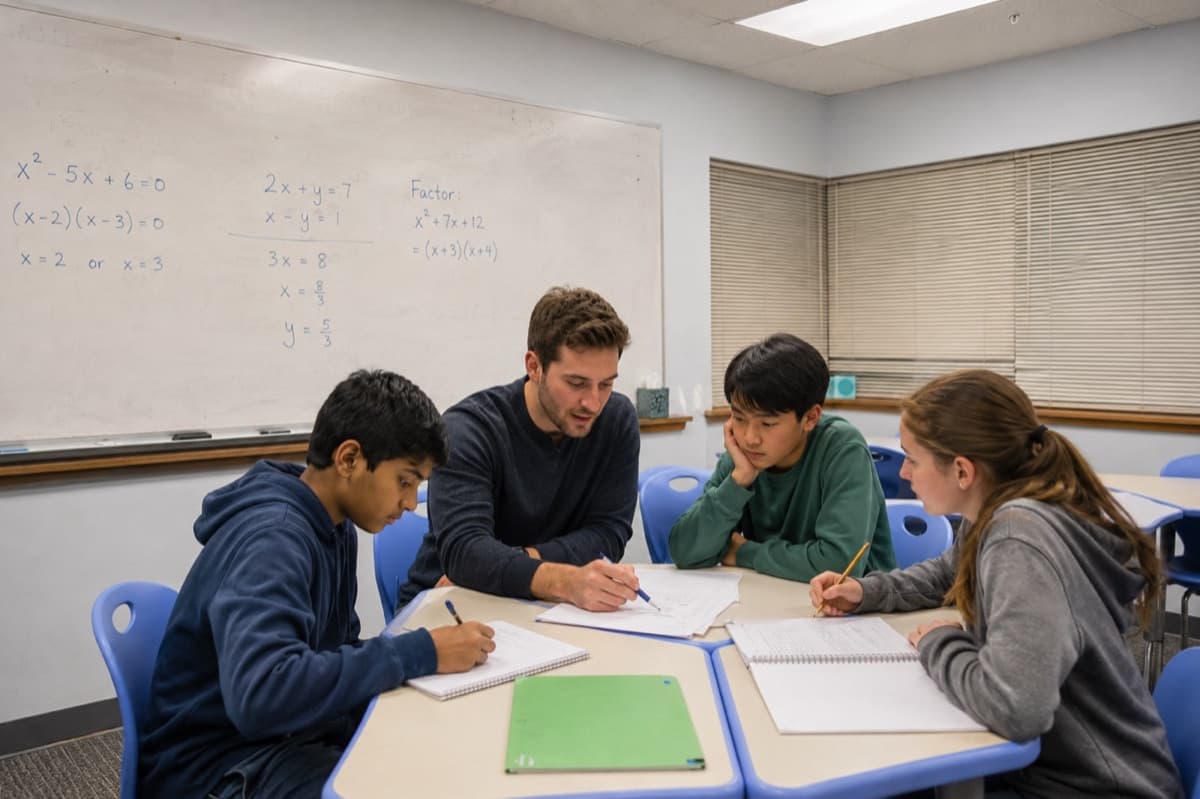 Archimedes School tutor working with three middle school students on algebra at our Redmond, WA tutoring center, with quadratic and factoring problems on the whiteboard behind them.