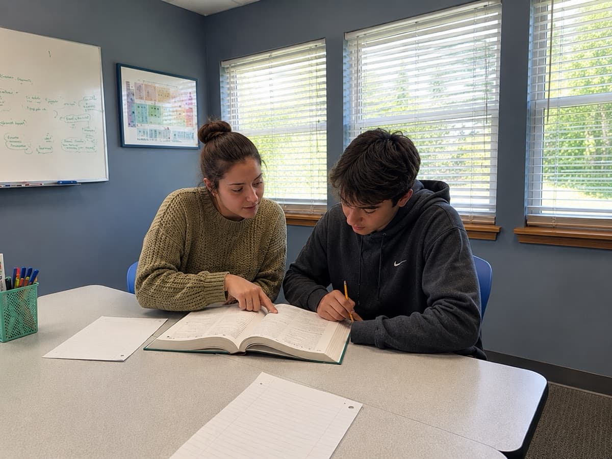 Archimedes School tutor working one on one with a high school student at our Redmond, WA tutoring center.